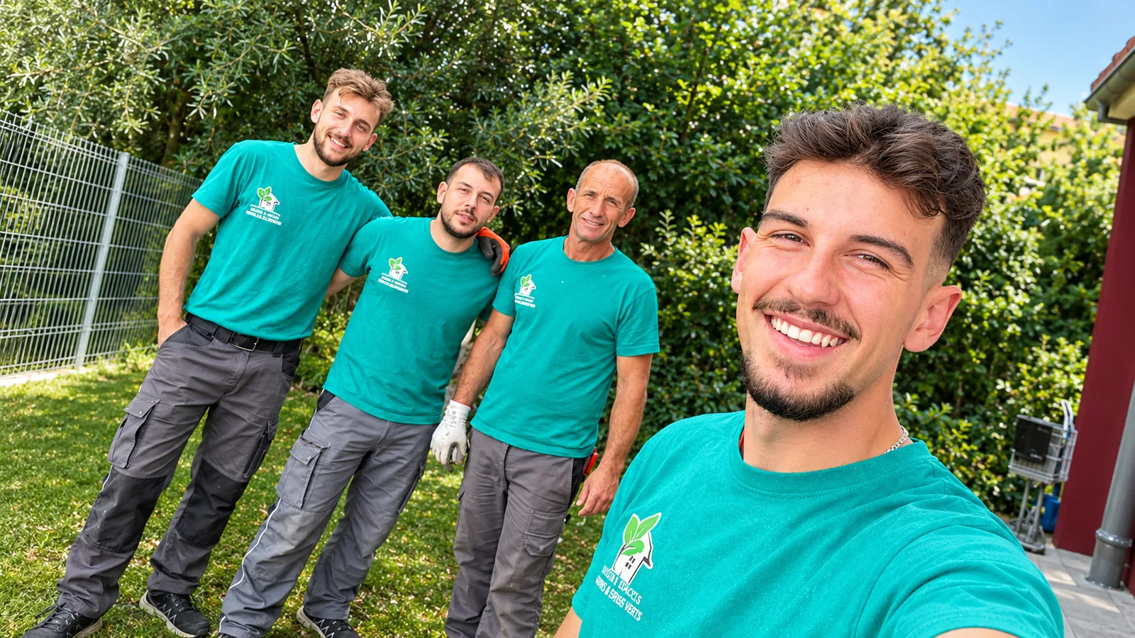 Das Team von Zumi & Söhne in Arbeitskleidung in einem gepflegten Garten